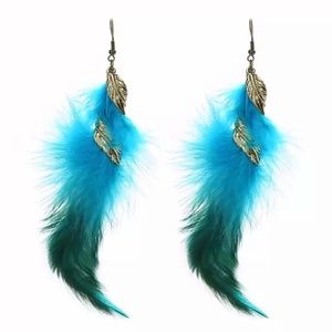 Blue Feather Gold Leaf Tassel Earrings